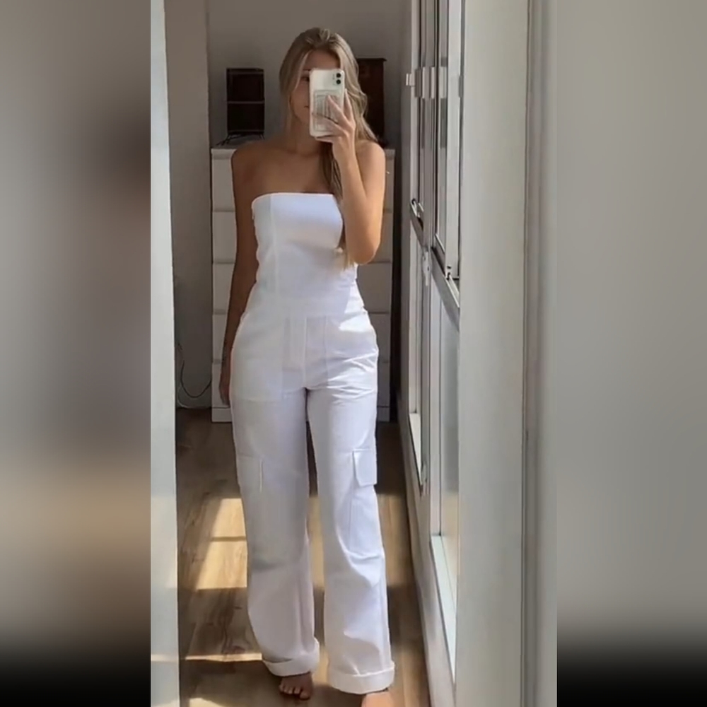 Zara Long Cargo Jumpsuit White Size S